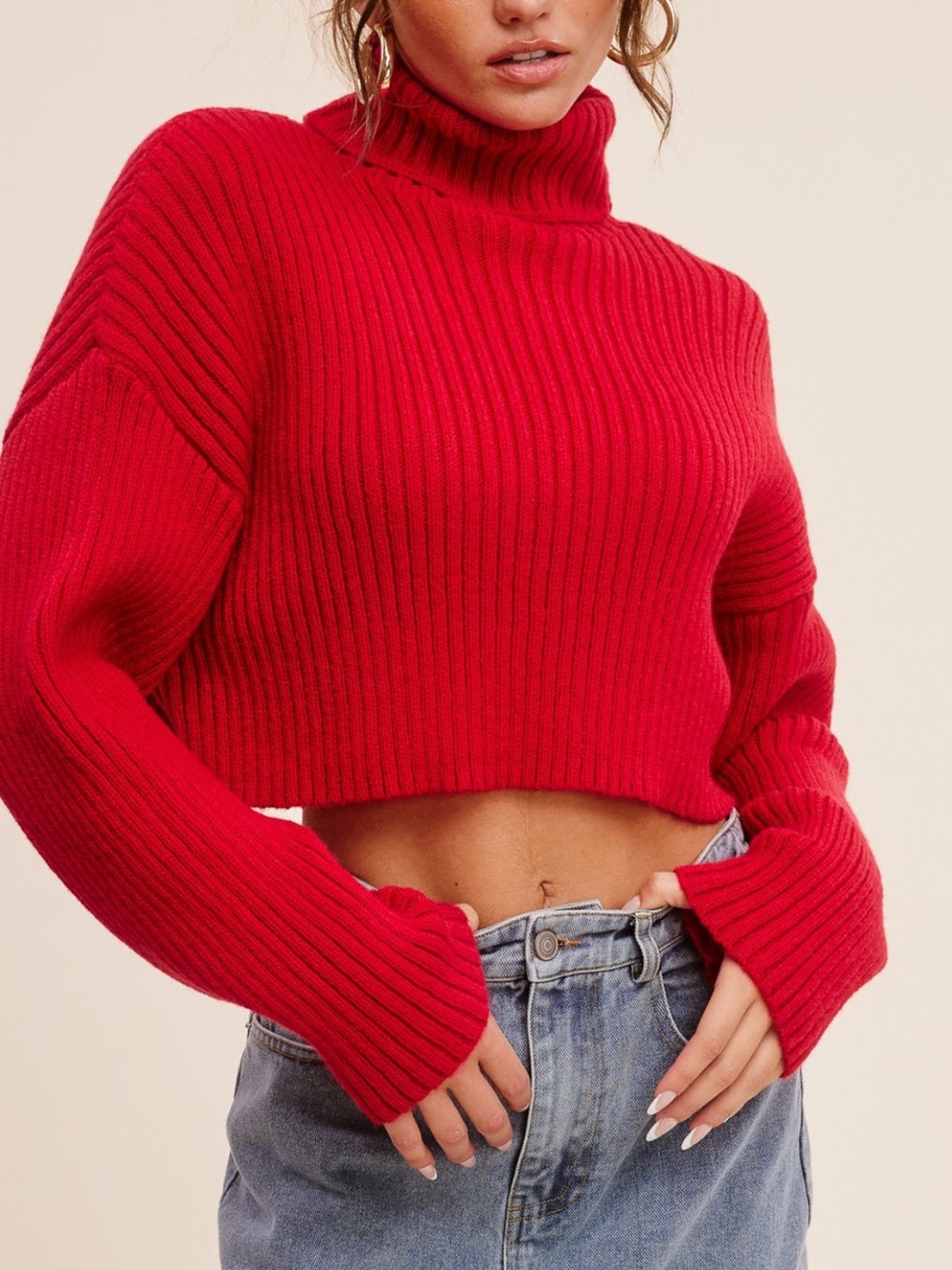 Mimosa Boutique Cropped Ribbed Turtleneck Sweater in Red Women’s Size L